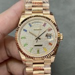 Sunday date display series women's watch with diamond-set dial, rose gold bezel, 36mm case, and rose gold President-style bracelet.